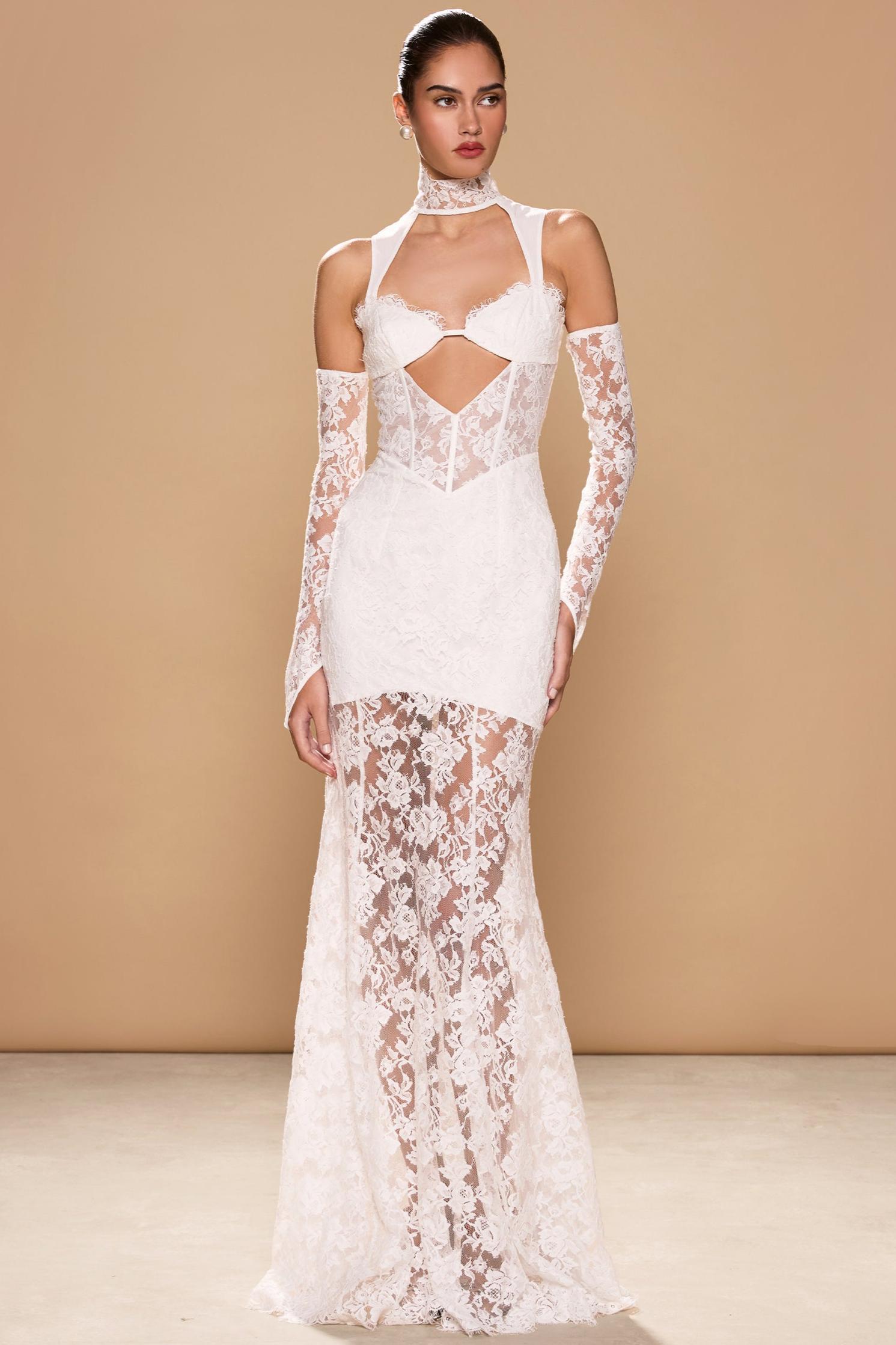 Lace Cut-Out Stand Collar Maxi Dress