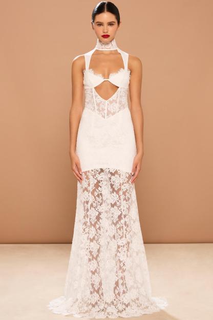 Lace Cut-Out Stand Collar Maxi Dress