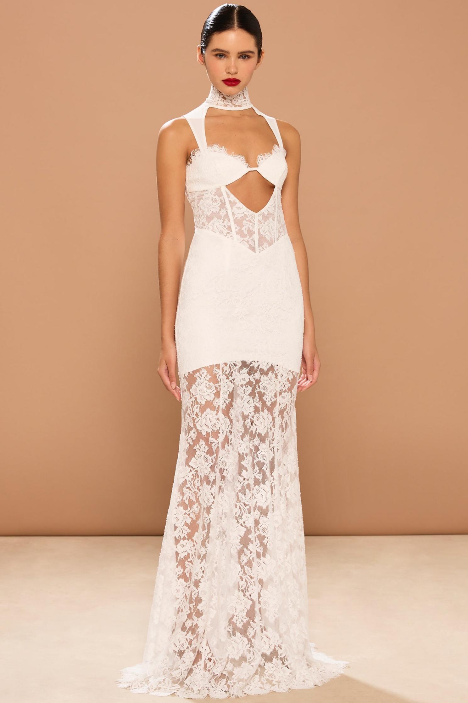 Lace Cut-Out Stand Collar Maxi Dress