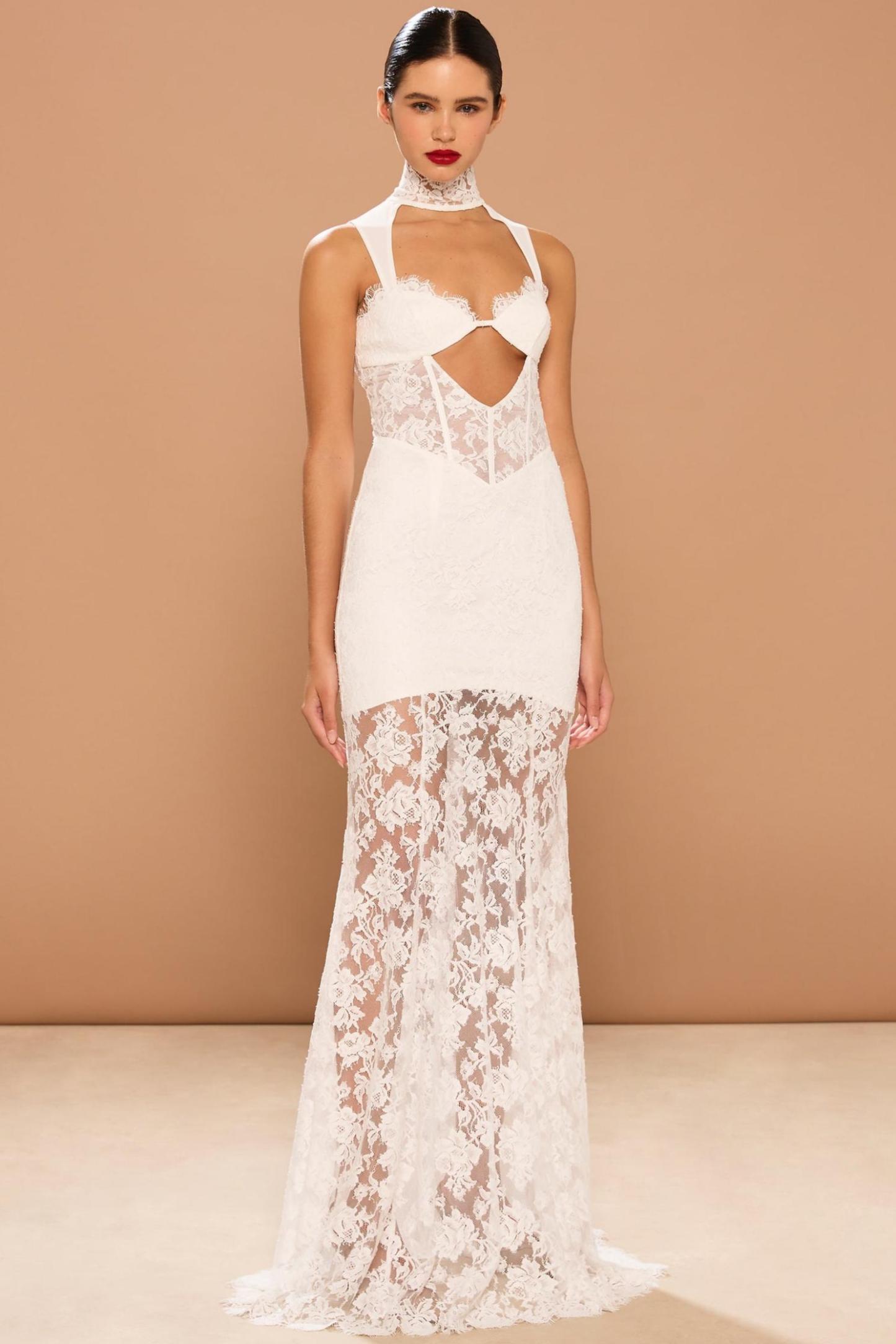 Lace Cut-Out Stand Collar Maxi Dress