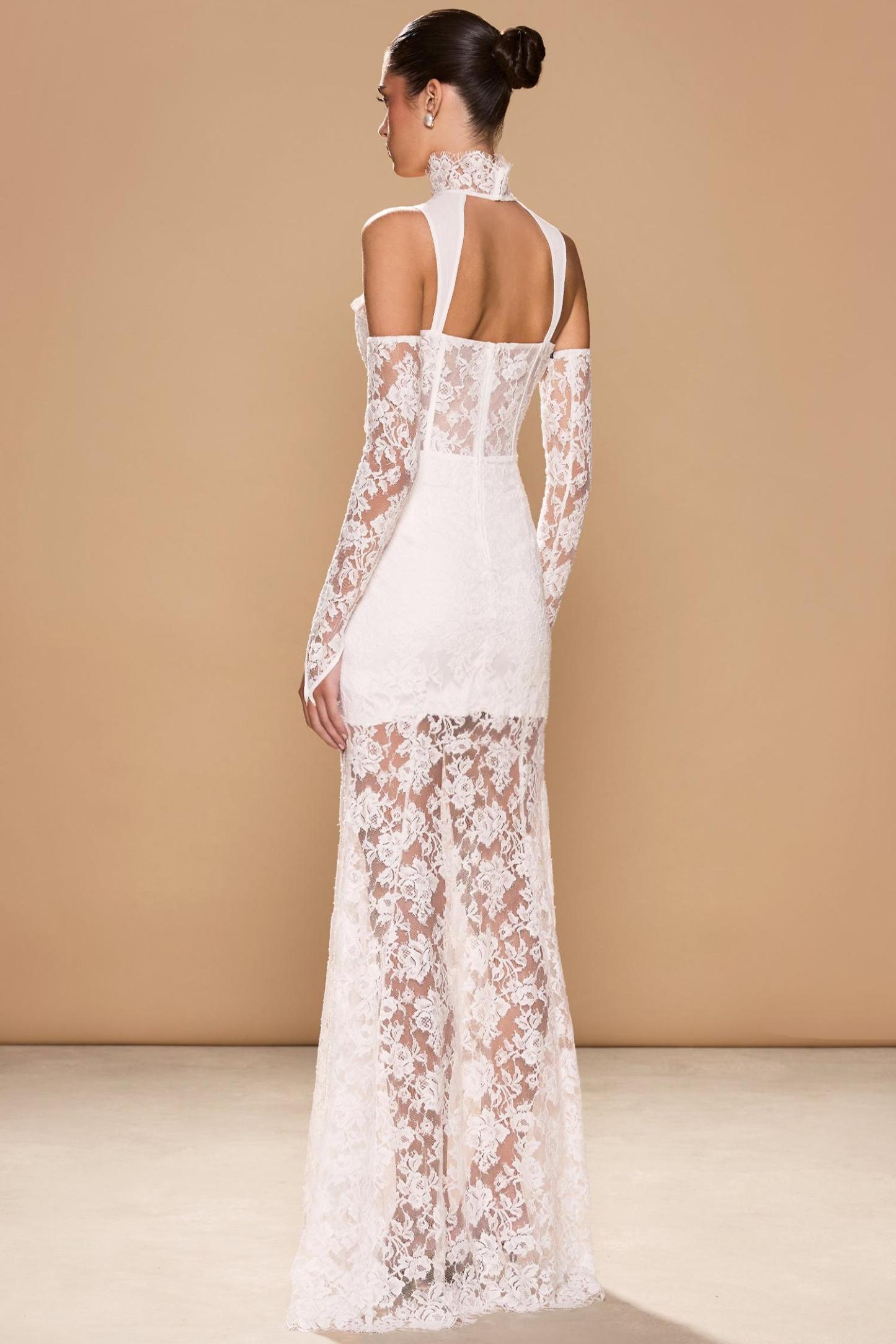 Lace Cut-Out Stand Collar Maxi Dress