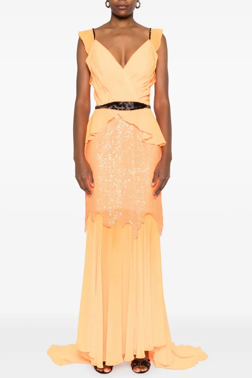 Sequin Splicing Chiffon Backless Maxi Dress