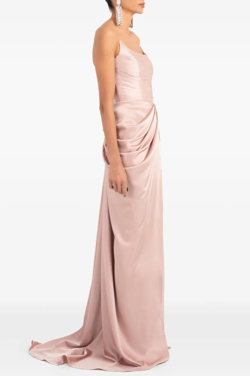 Satin Ruched Slit Maxi Dress