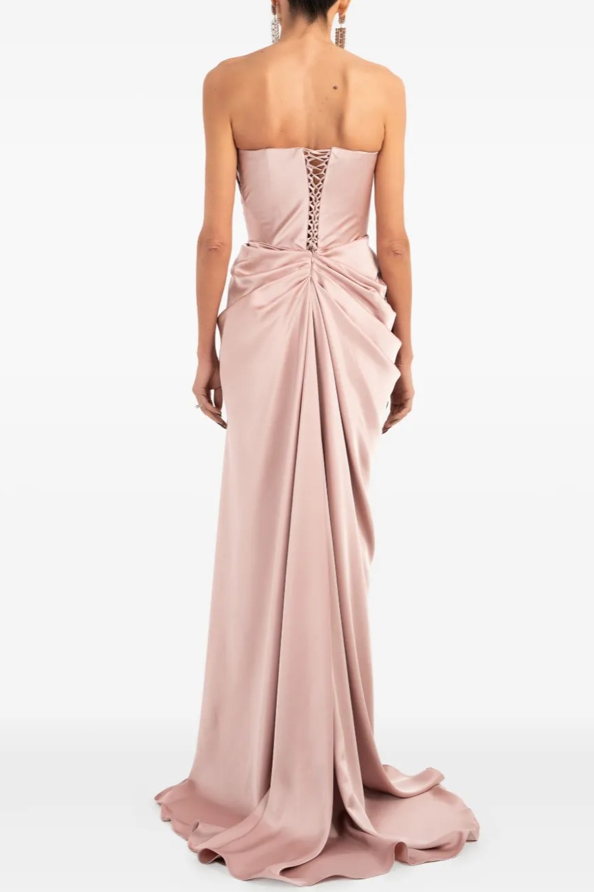 Satin Ruched Slit Maxi Dress