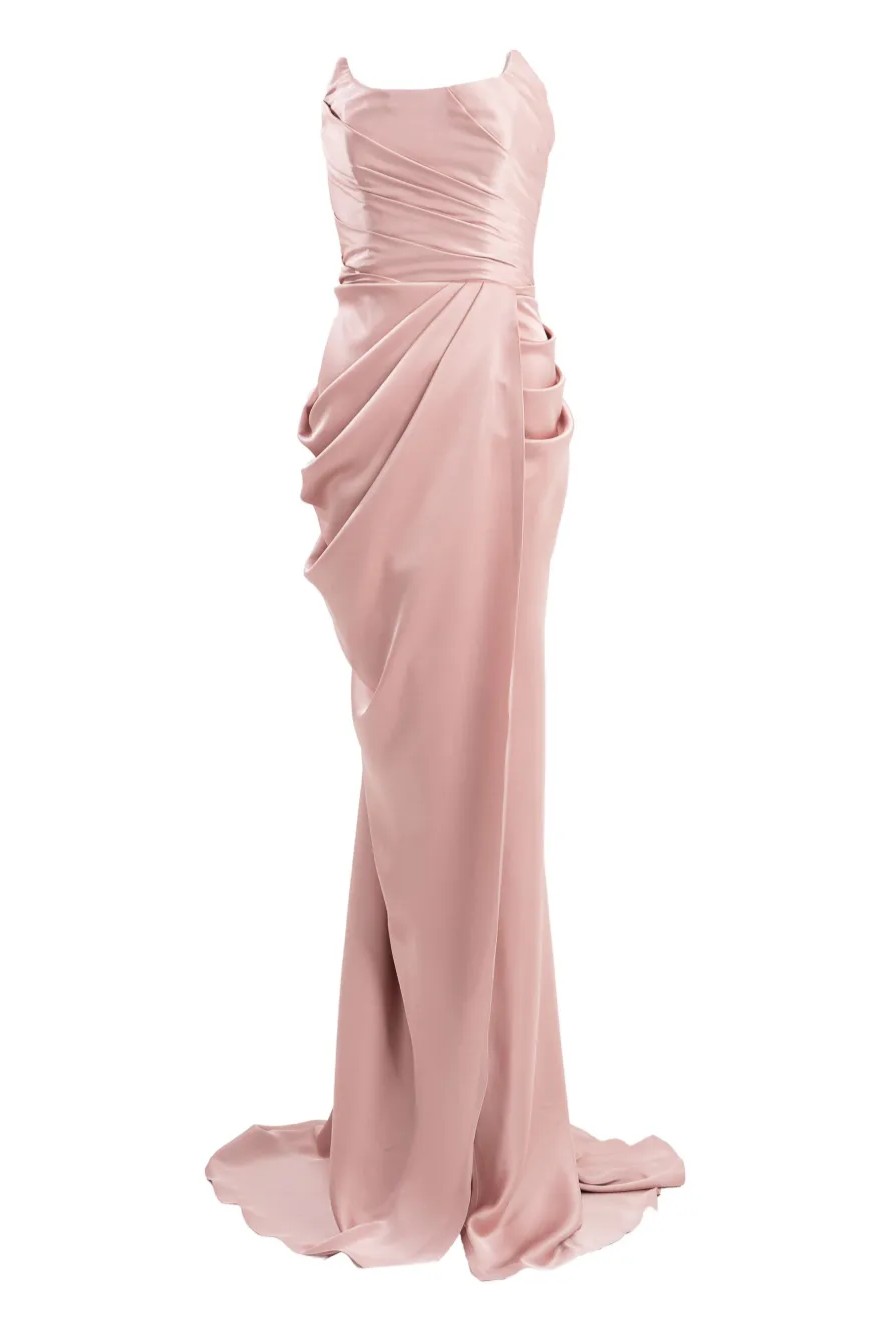 Satin Ruched Slit Maxi Dress