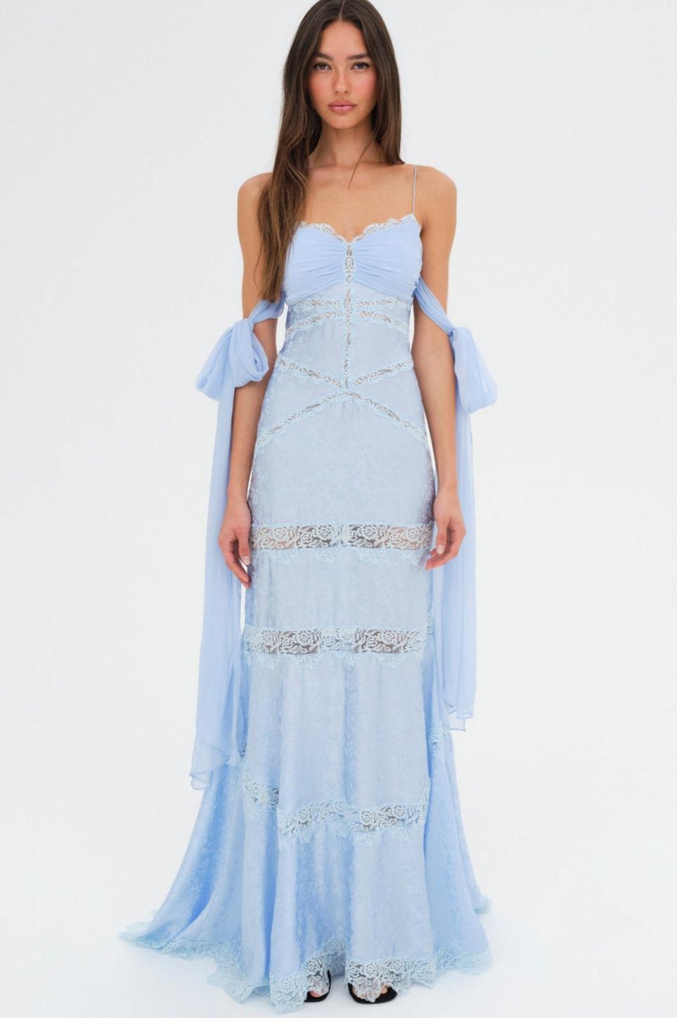 Lace Splicing Jacquard See-Through Tie-up Maxi Dress