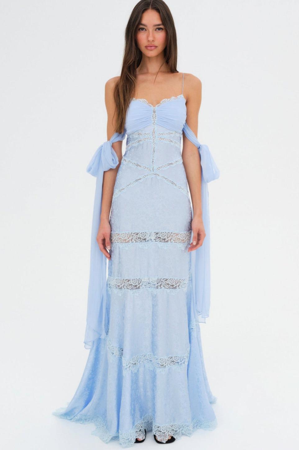 Lace Splicing Jacquard See-Through Tie-up Maxi Dress