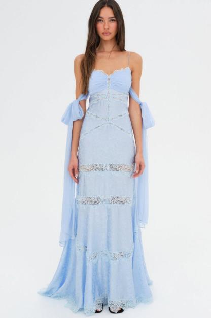 Lace Splicing Jacquard See-Through Tie-up Maxi Dress