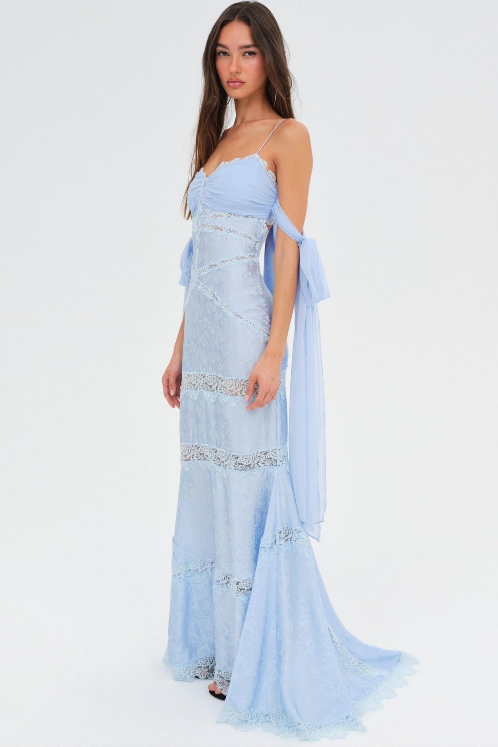 Lace Splicing Jacquard See-Through Tie-up Maxi Dress