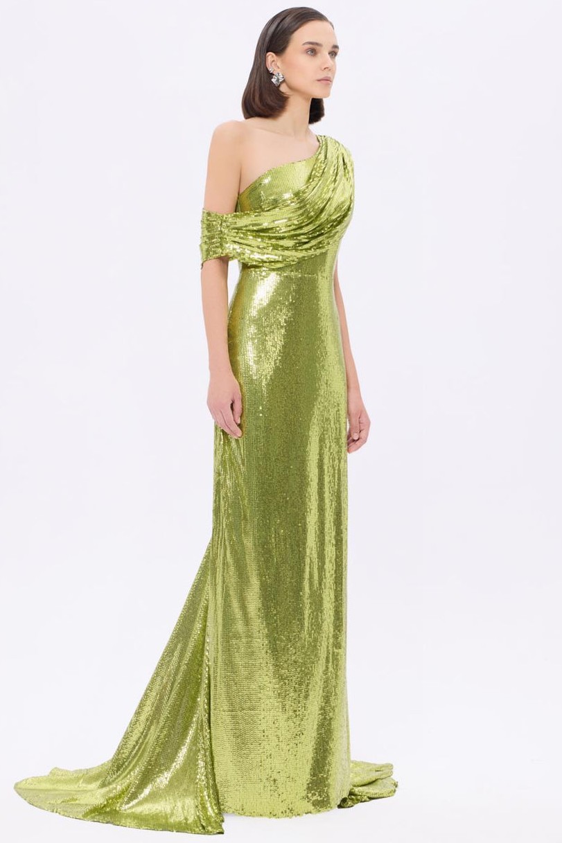 Sequin Skew Collar Gathering Maxi Dress