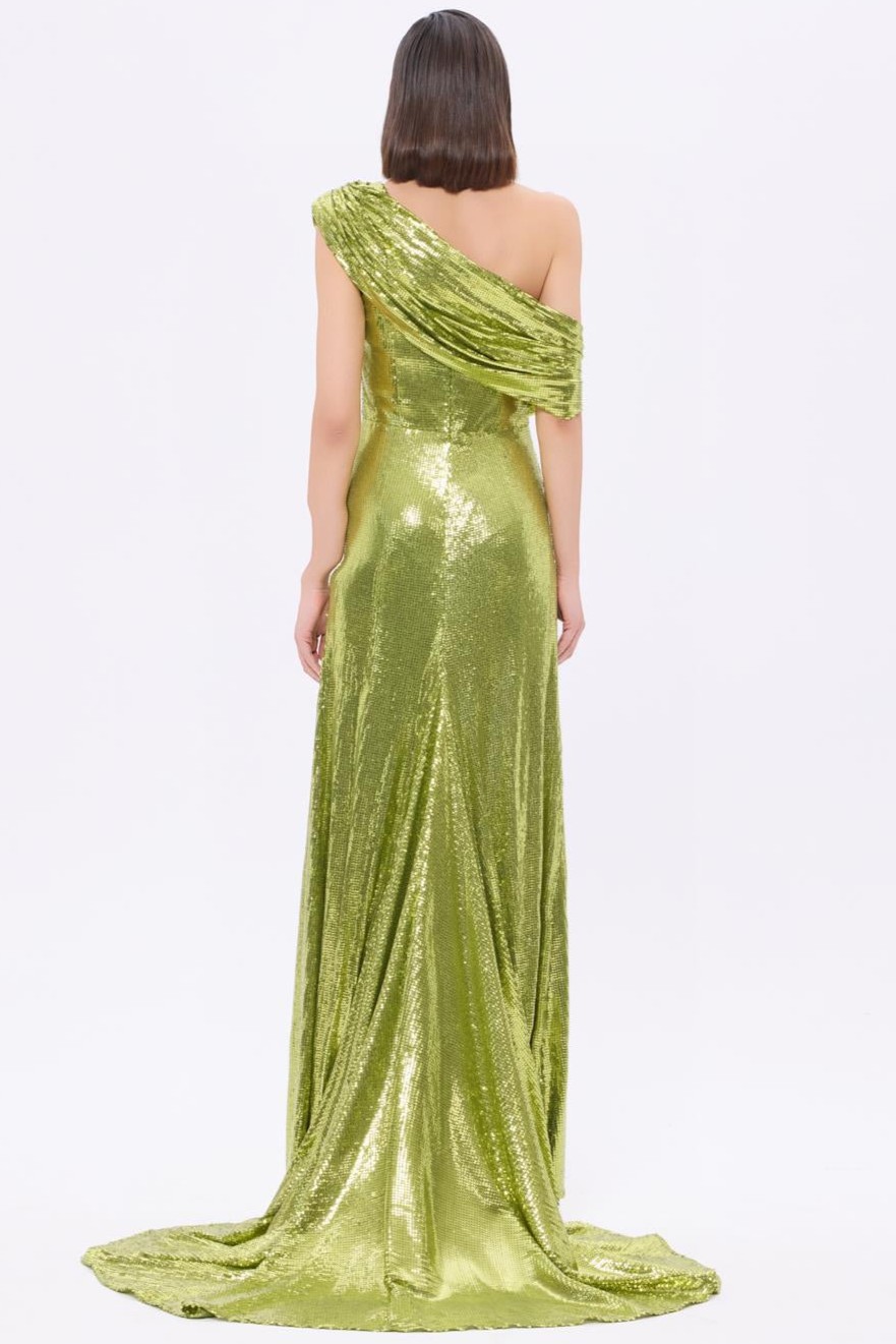 Sequin Skew Collar Gathering Maxi Dress