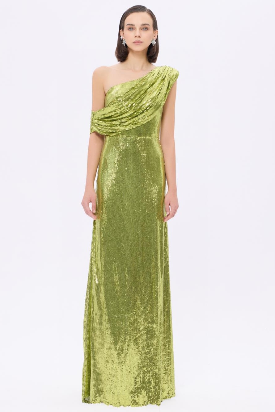 Sequin Skew Collar Gathering Maxi Dress
