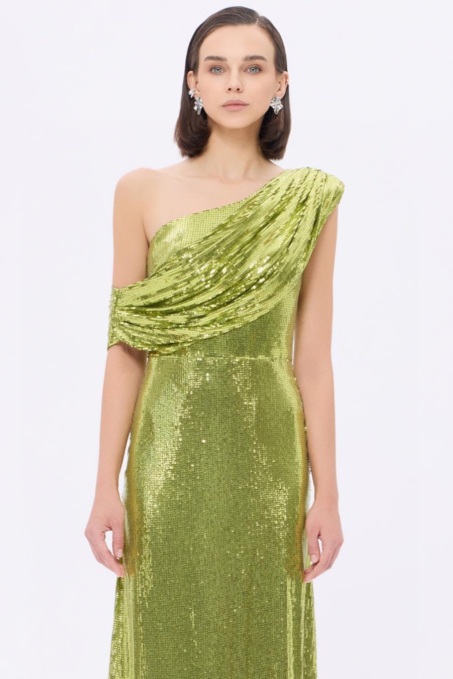 Sequin Skew Collar Gathering Maxi Dress
