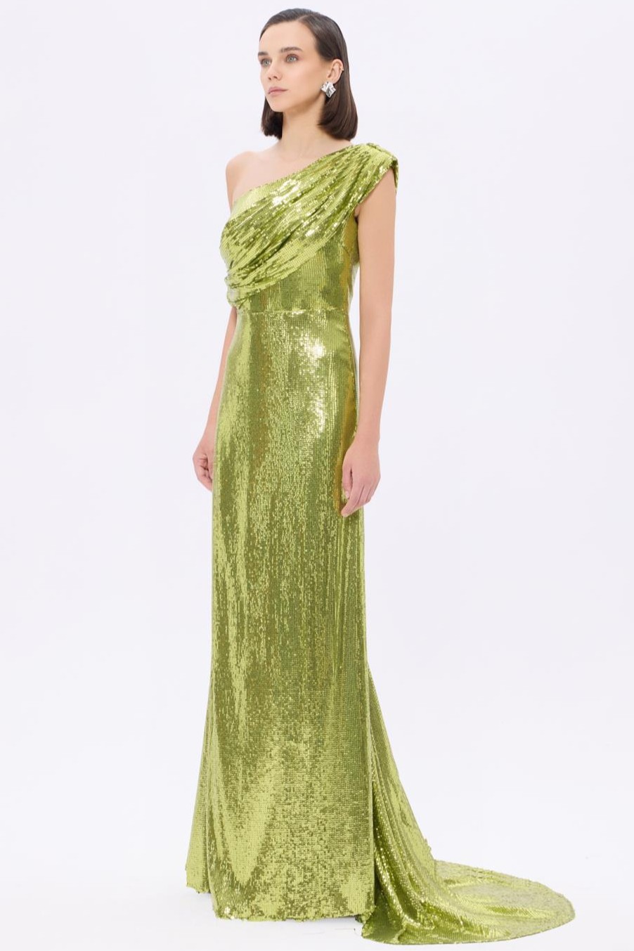 Sequin Skew Collar Gathering Maxi Dress