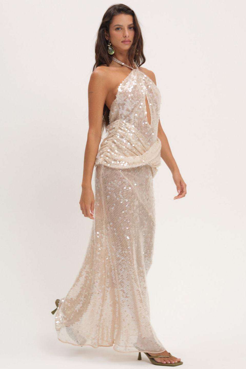 Sequin Halter Neck Cut-Out Maxi Dress