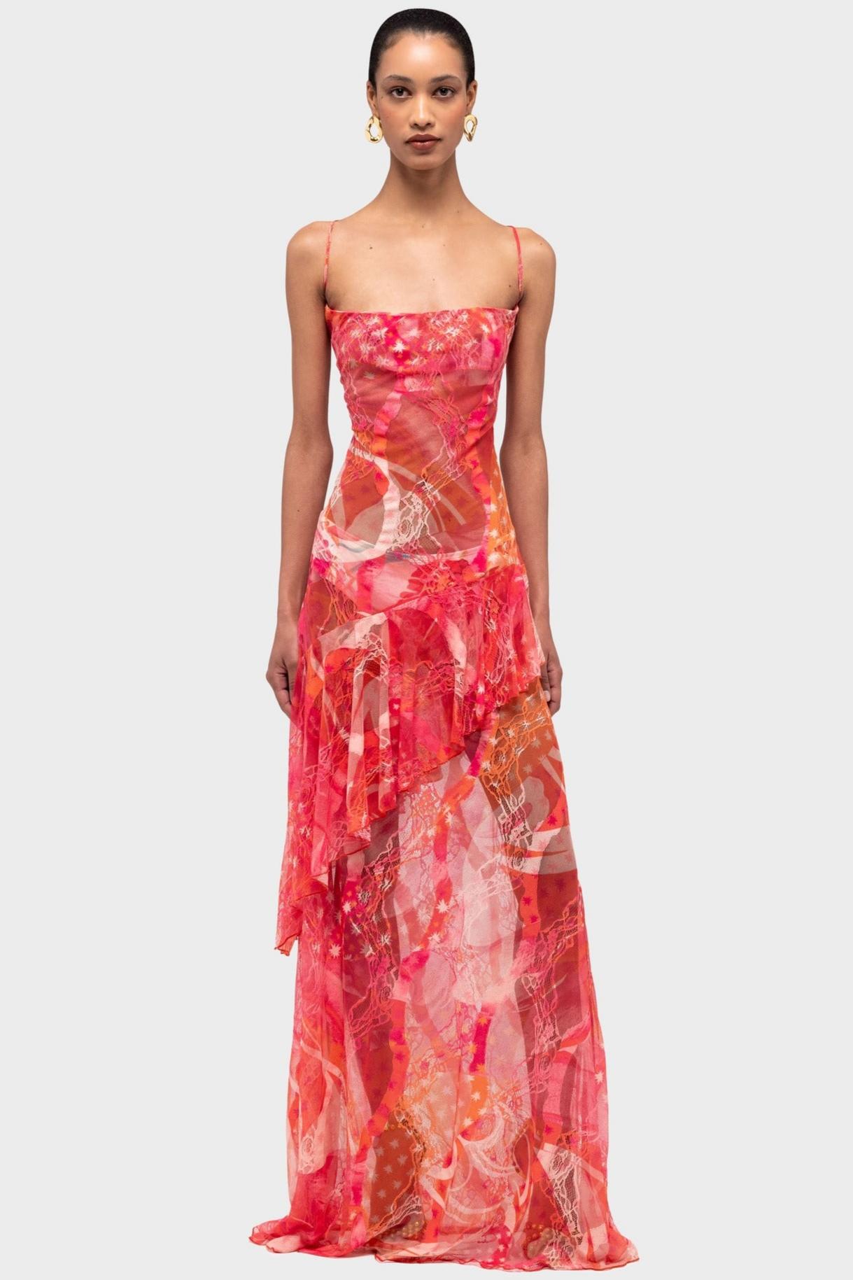 Abstract Print Ruffle Slip Maxi Dress