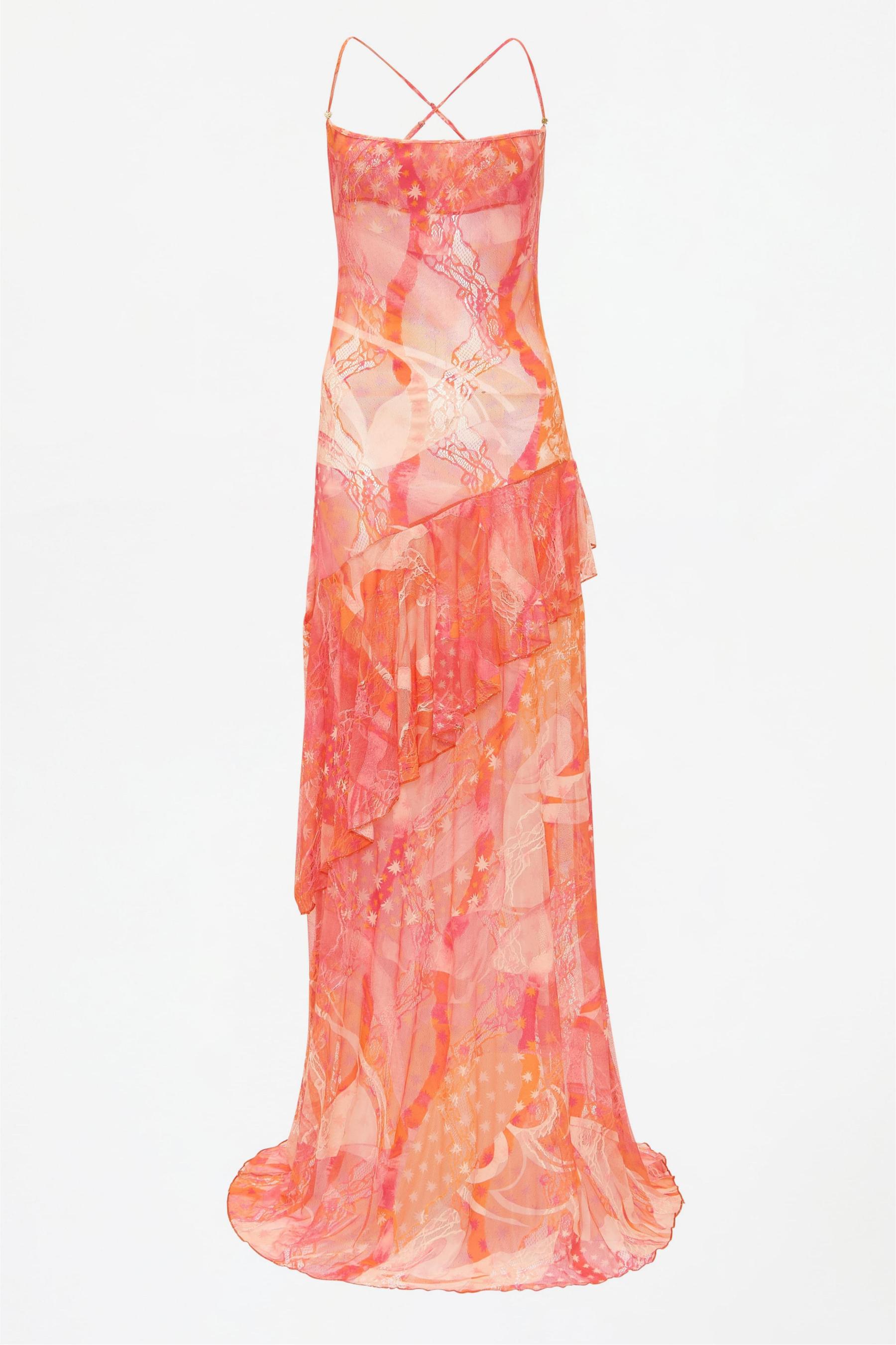 Abstract Print Ruffle Slip Maxi Dress