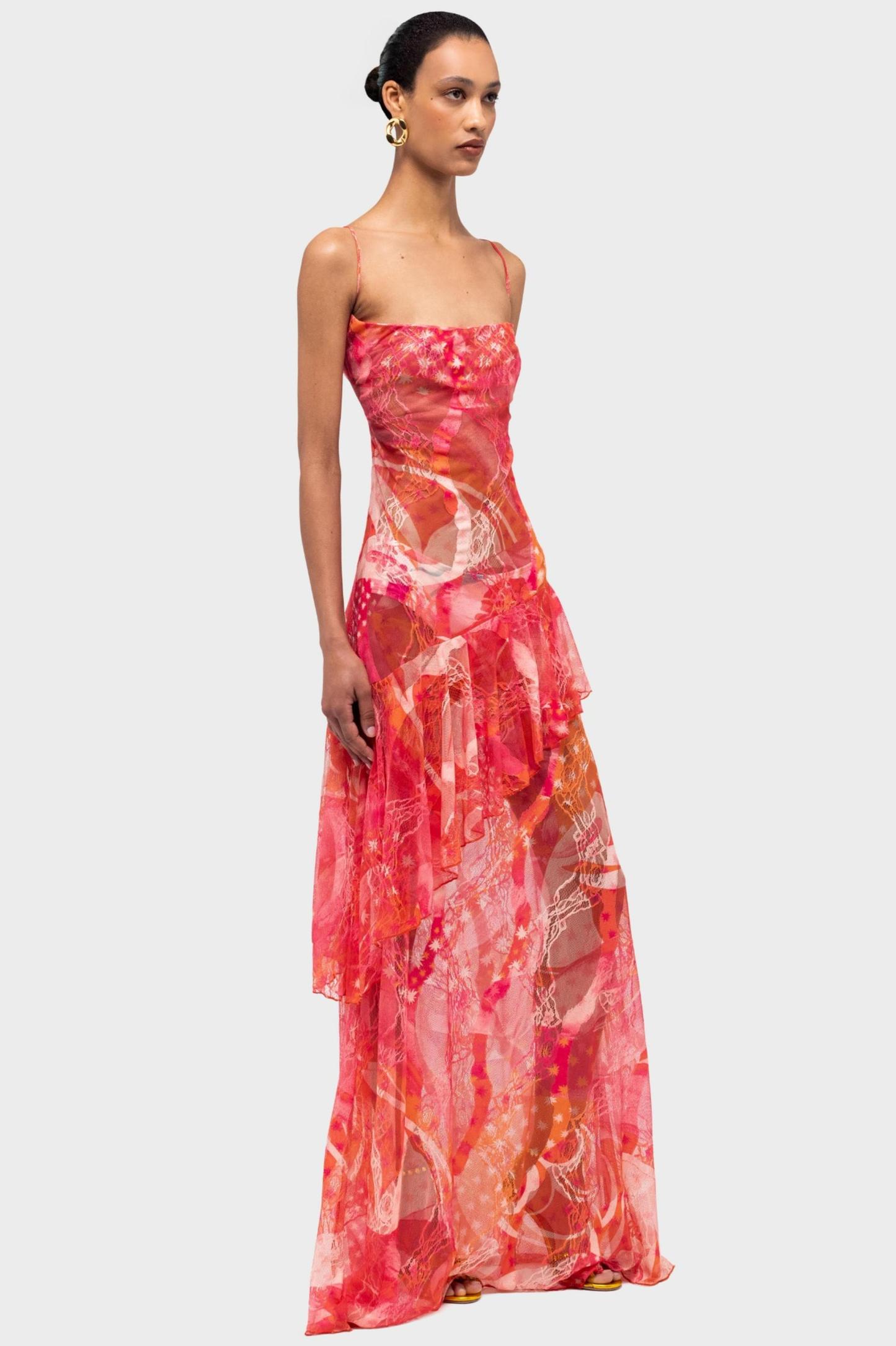 Abstract Print Ruffle Slip Maxi Dress