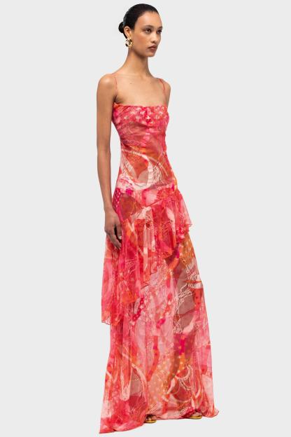 Abstract Print Ruffle Slip Maxi Dress