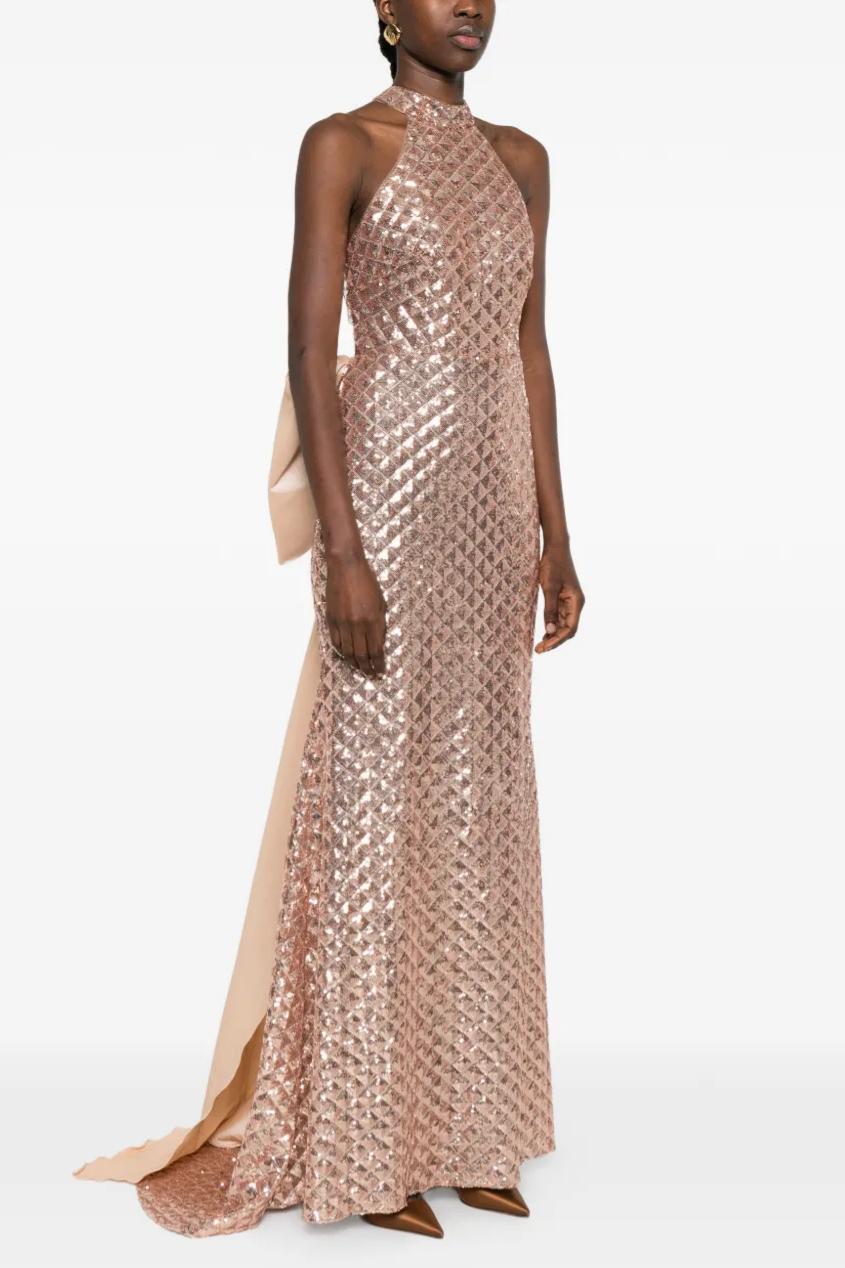 Sequin Sleeveless Bow Maxi Dress