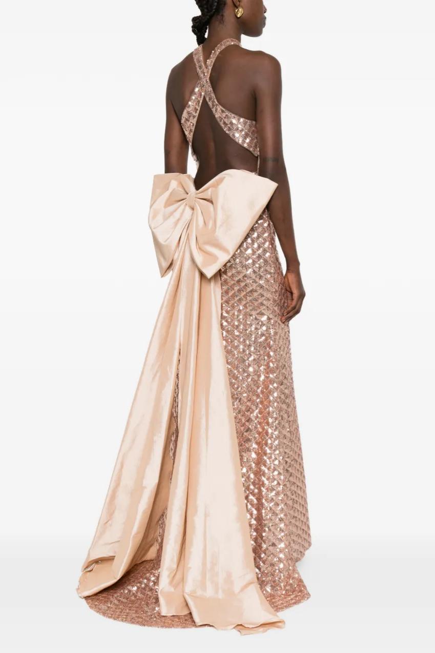 Sequin Sleeveless Bow Maxi Dress