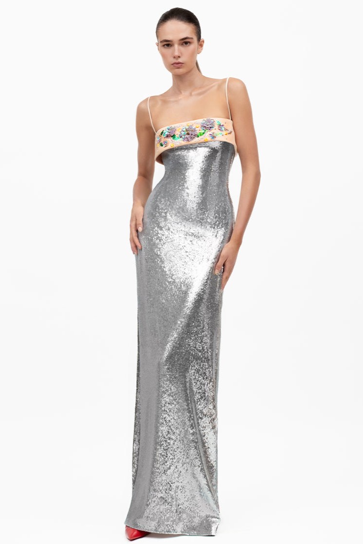 Sequin Embroidered Sleeveless Slit Maxi Dress