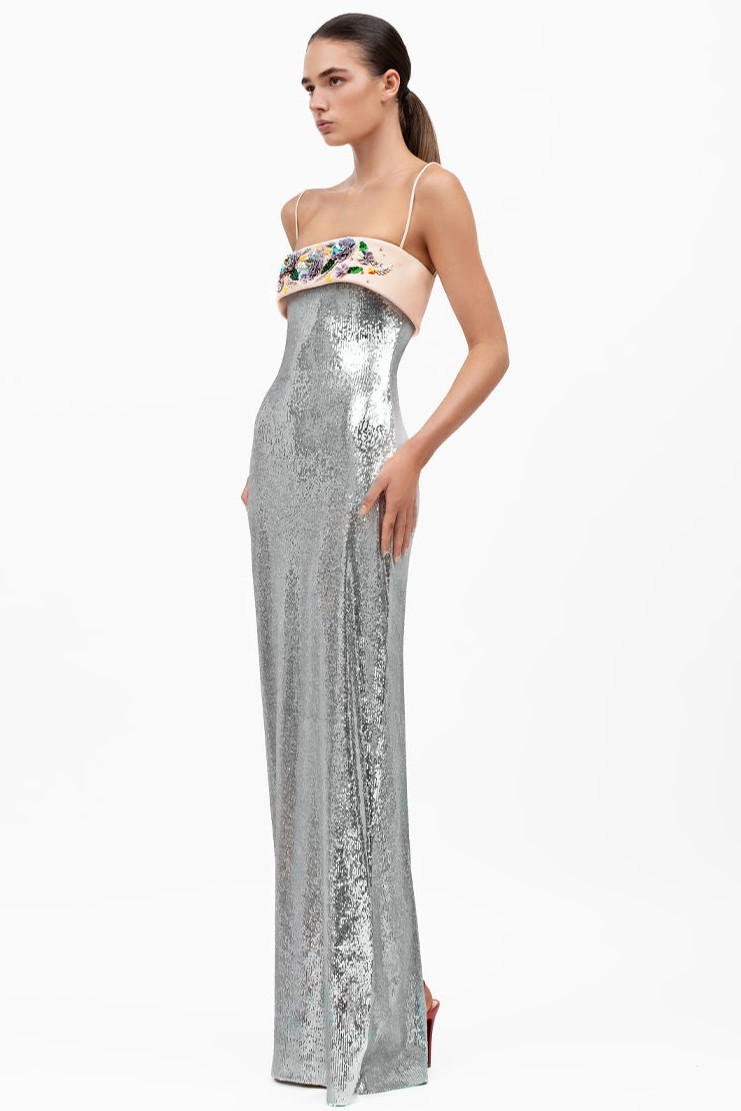 Sequin Embroidered Sleeveless Slit Maxi Dress