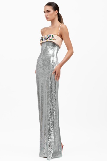 Sequin Embroidered Sleeveless Slit Maxi Dress