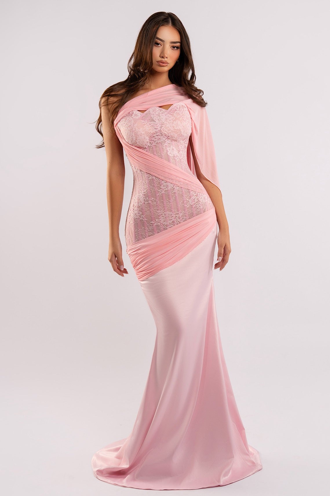 Lace Splicing Satin Asymmetrical  Maxi Dress