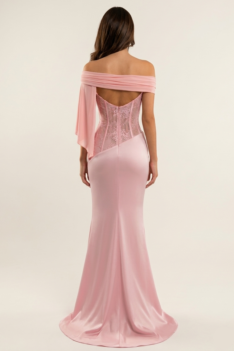 Lace Splicing Satin Asymmetrical  Maxi Dress