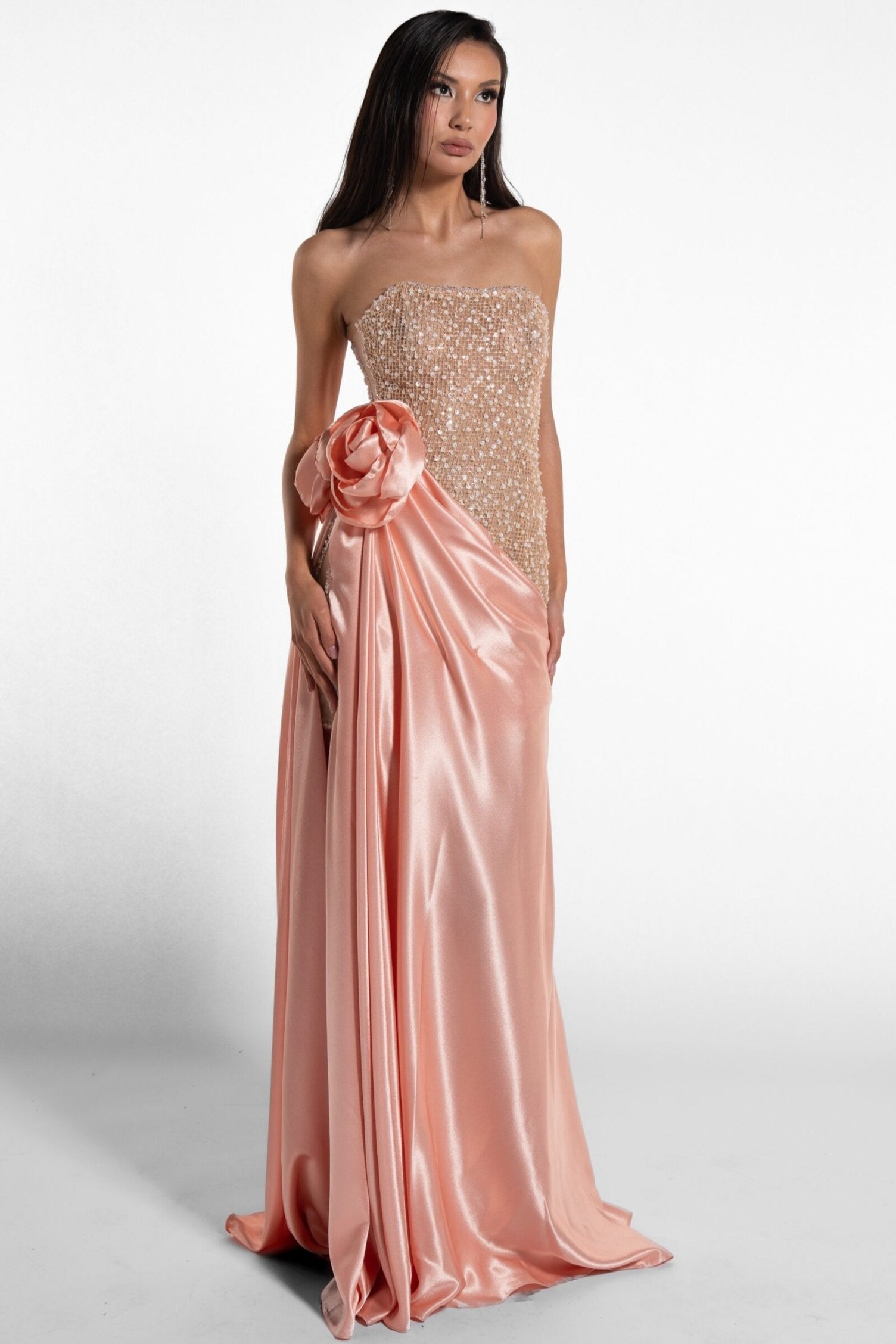 Sequin Splicing Satin 3D Flower Maxi Dress