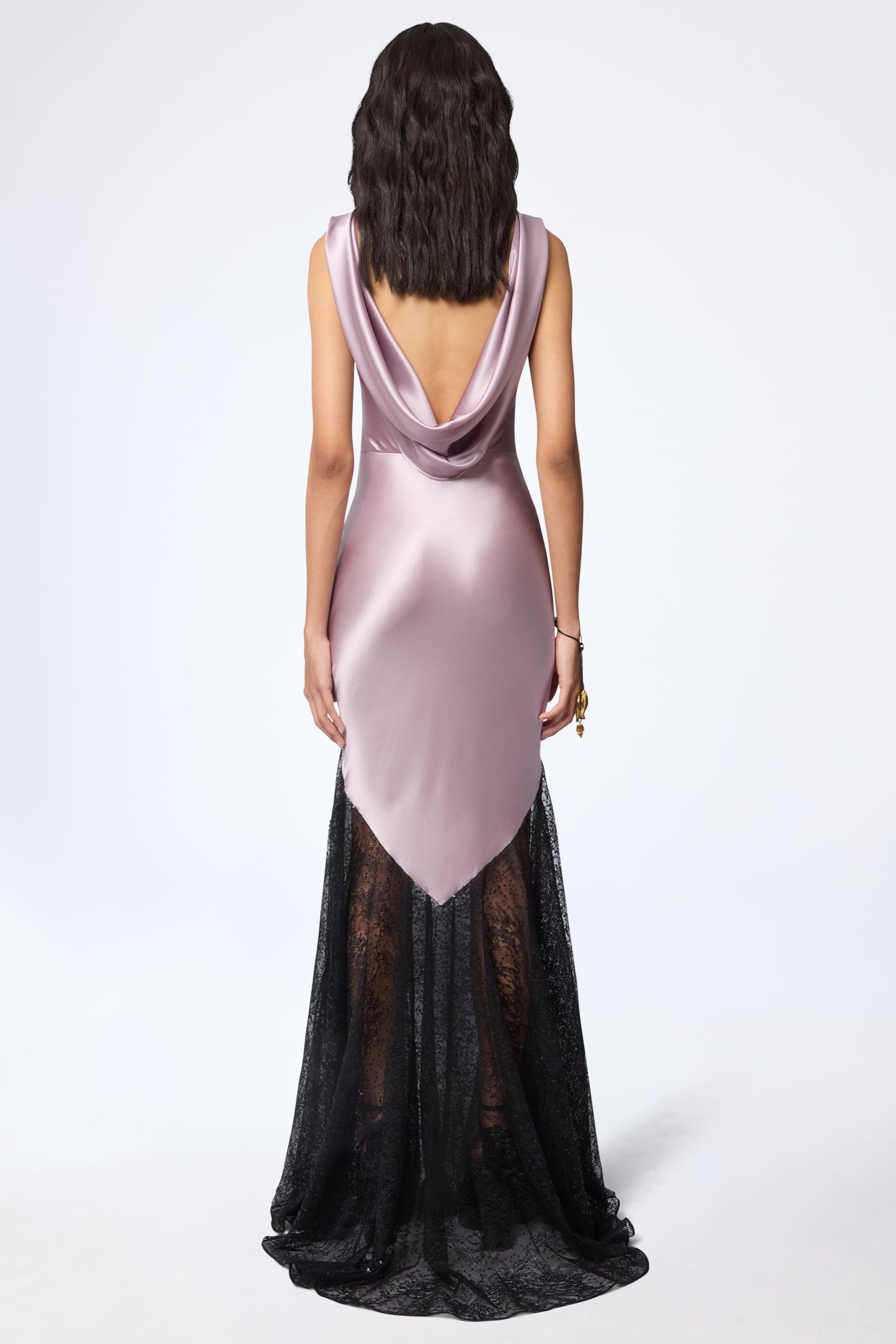 Satin Splicing Lace Backless Maxi Dress