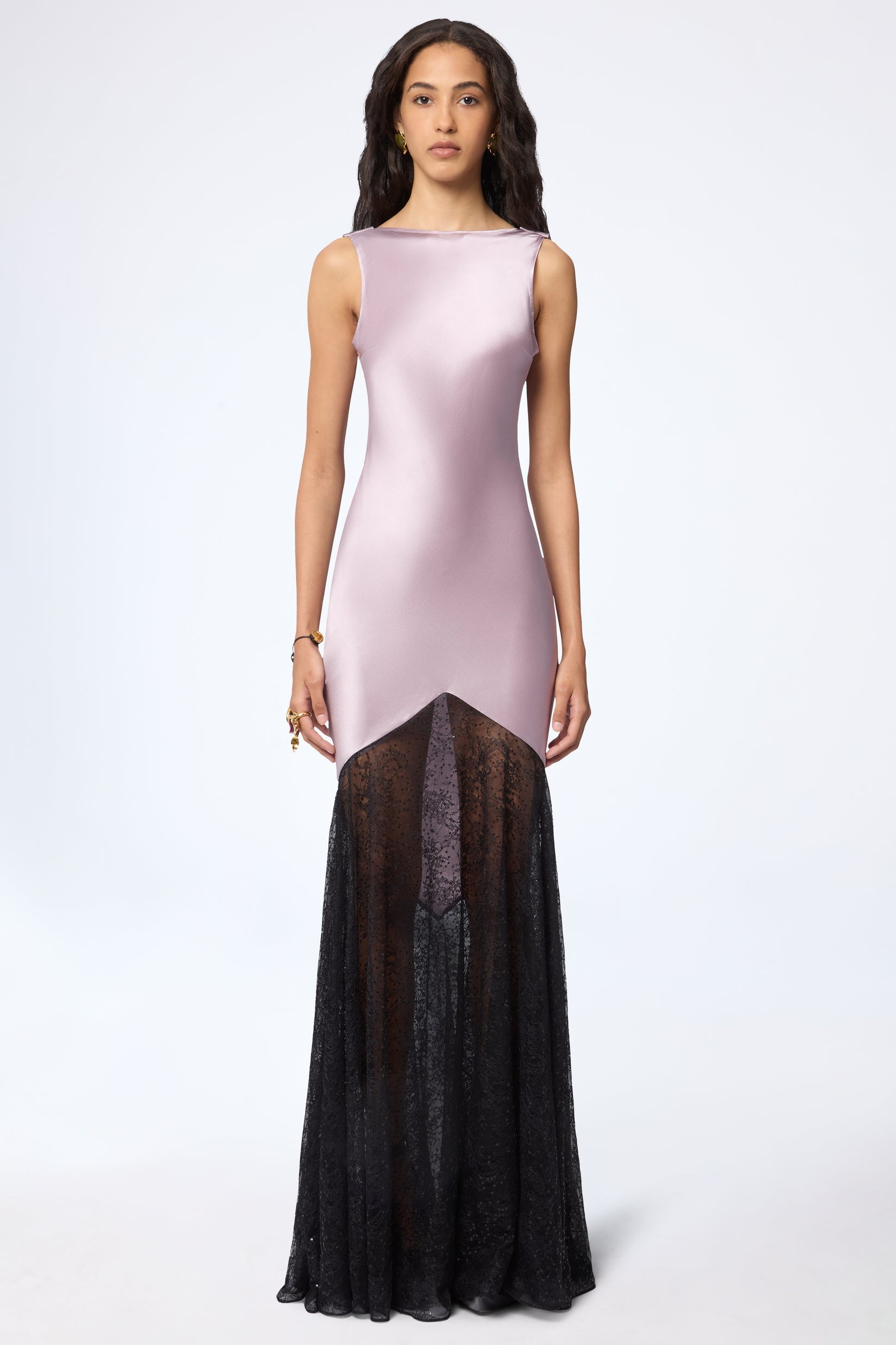 Satin Splicing Lace Backless Maxi Dress