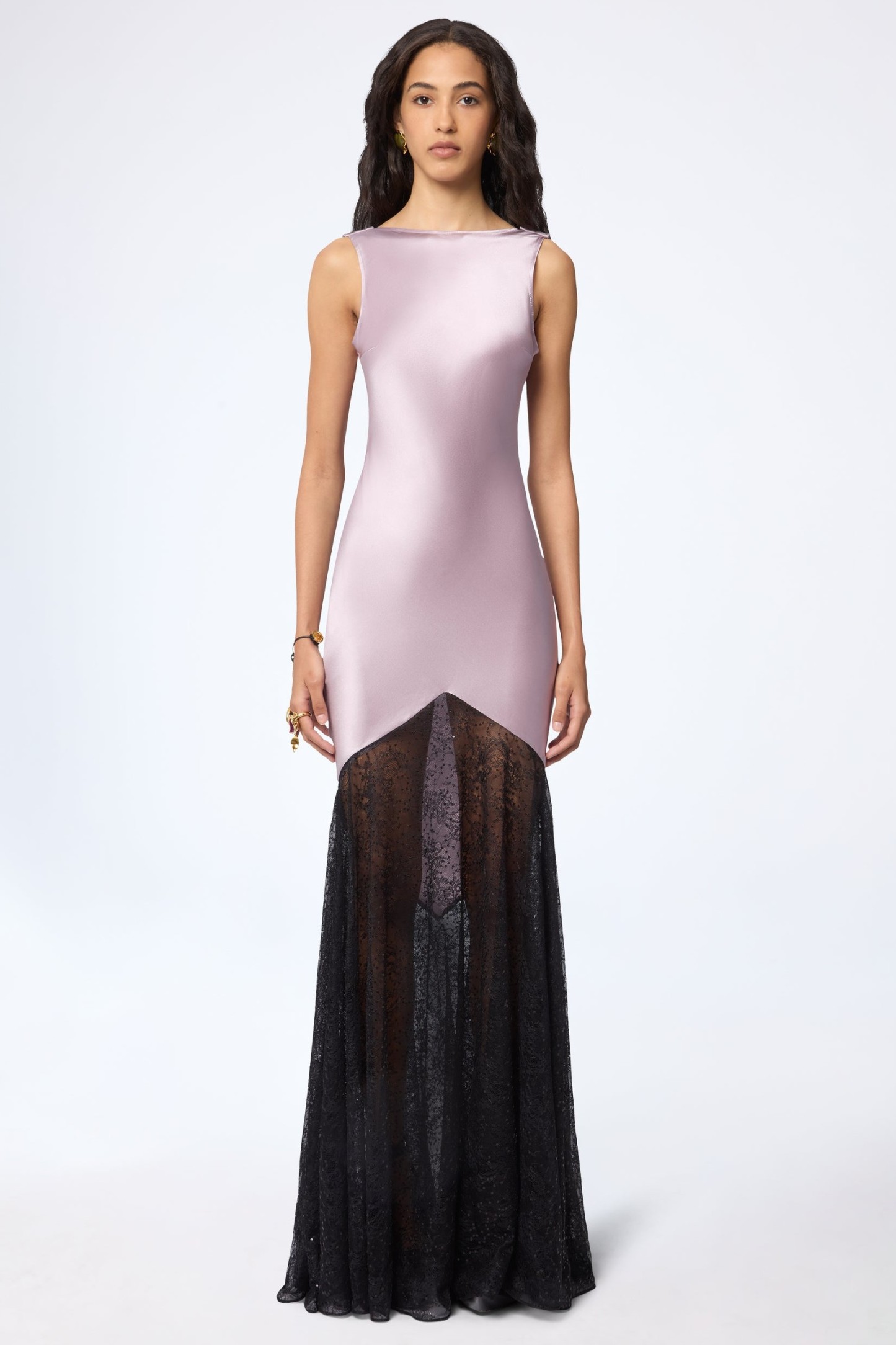 Satin Splicing Lace Backless Maxi Dress