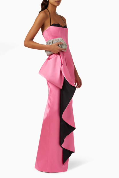 Contrast Color Halter Neck Ruched Maxi Dress