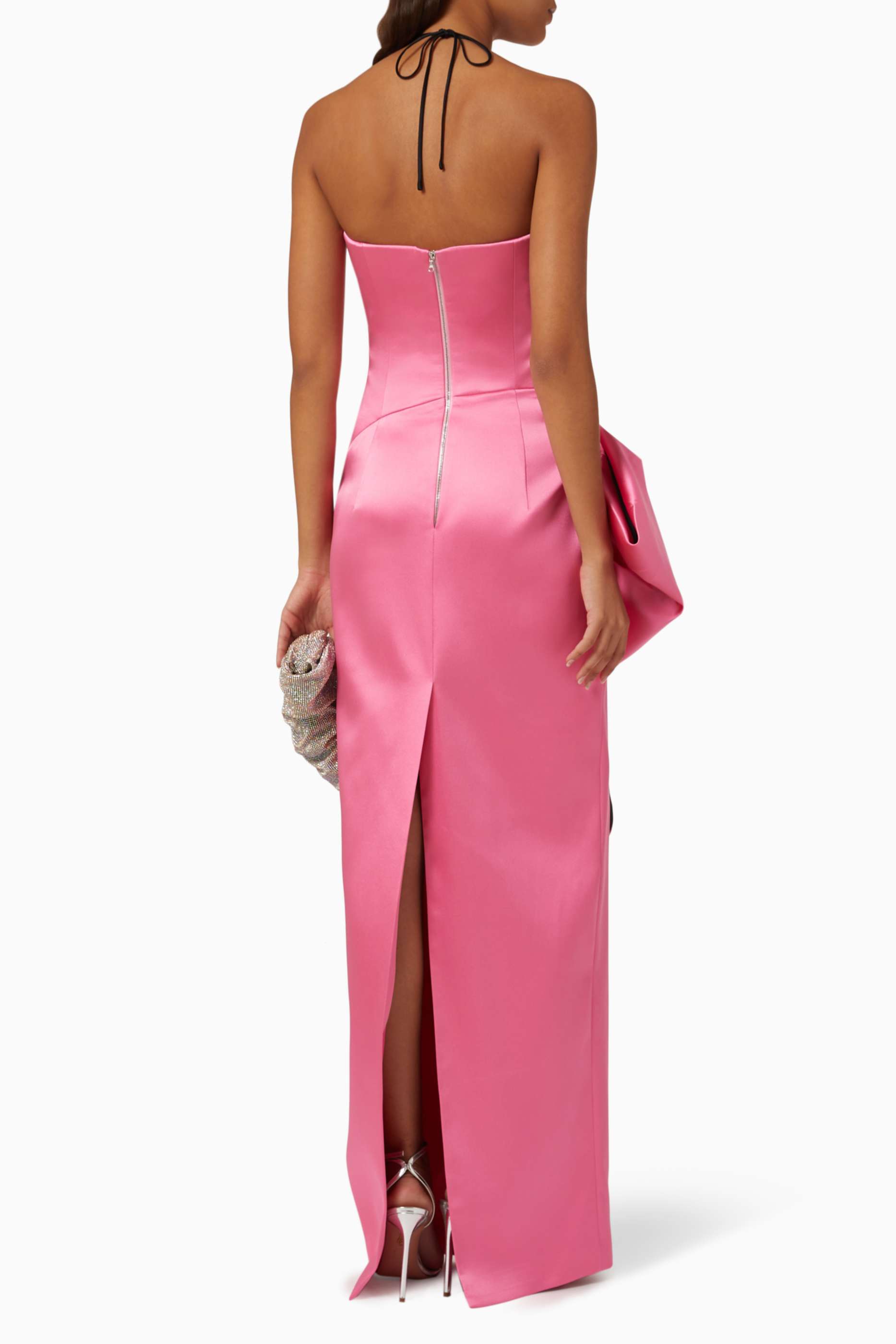 Contrast Color Halter Neck Ruched Maxi Dress