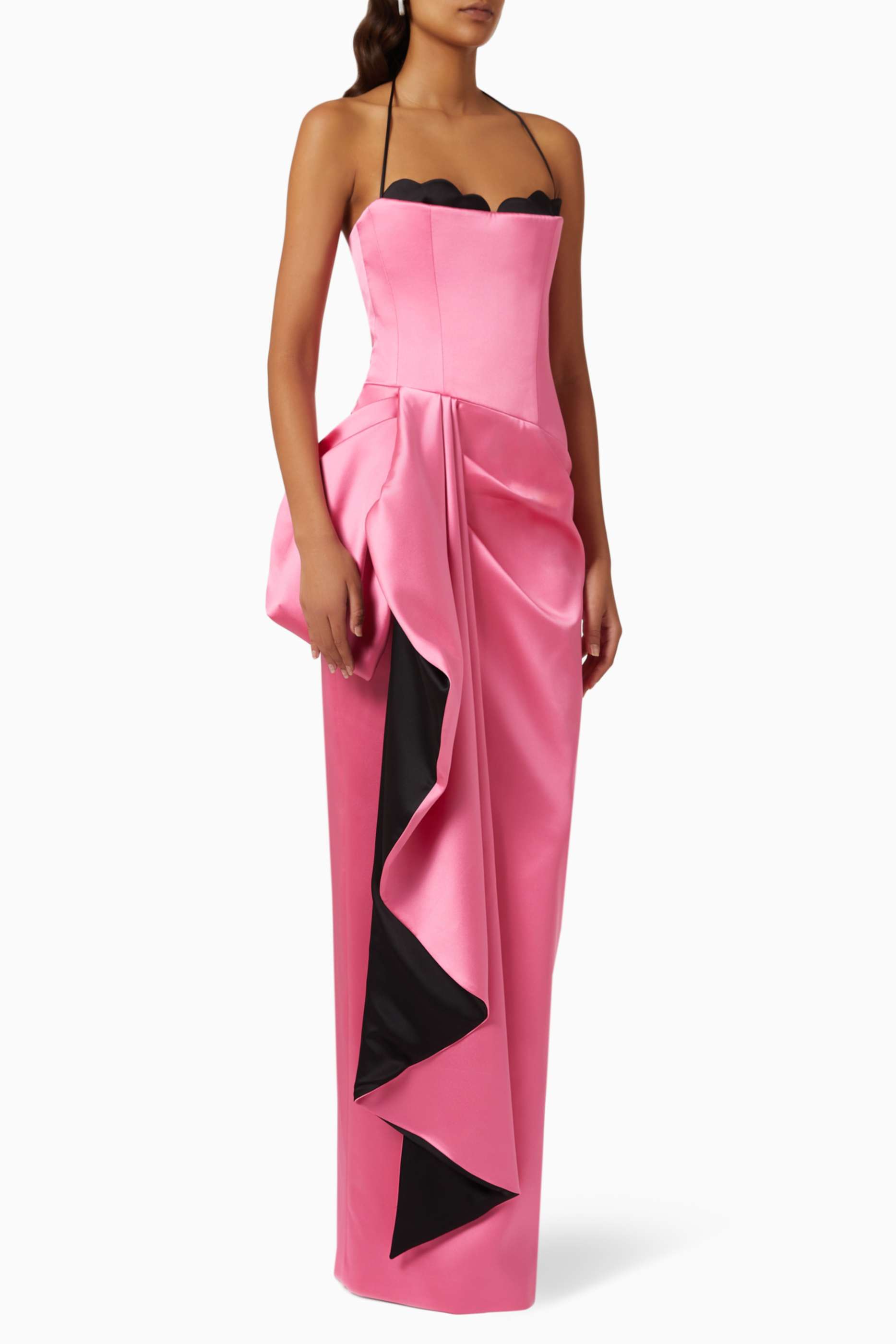 Contrast Color Halter Neck Ruched Maxi Dress