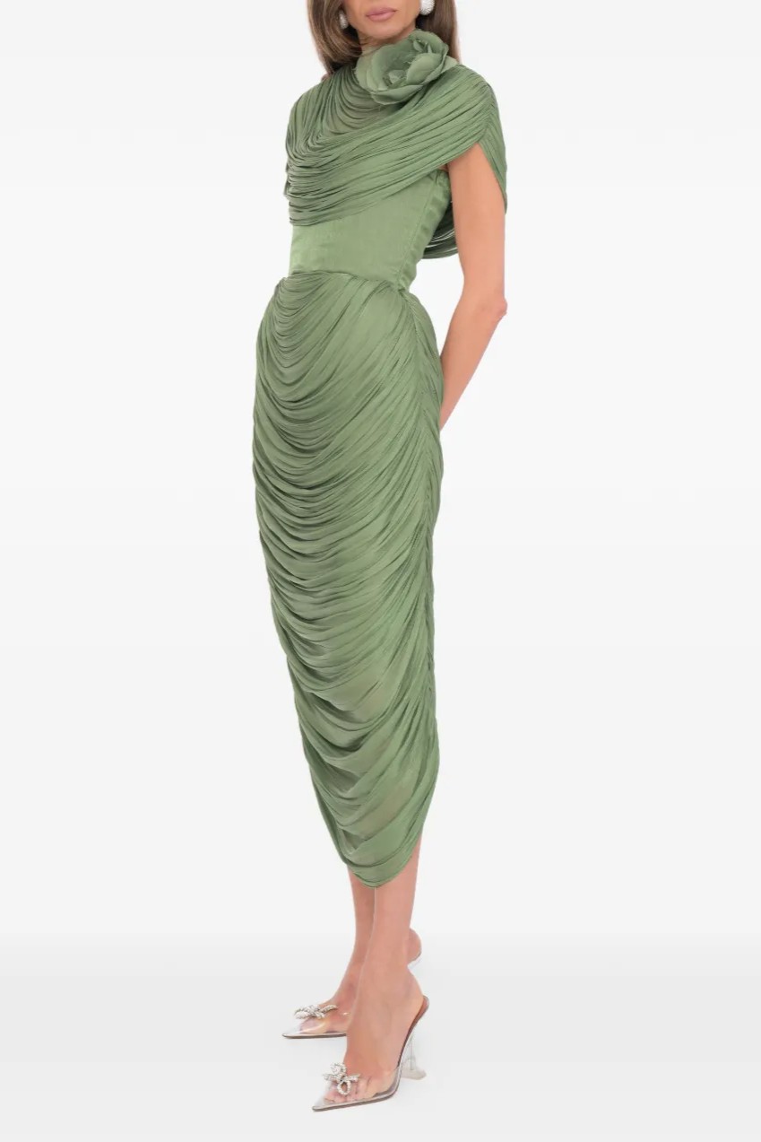 Satin Ruched Midi Dress With 3D Flower Cape