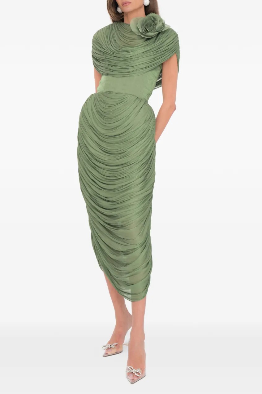 Satin Ruched Midi Dress With 3D Flower Cape