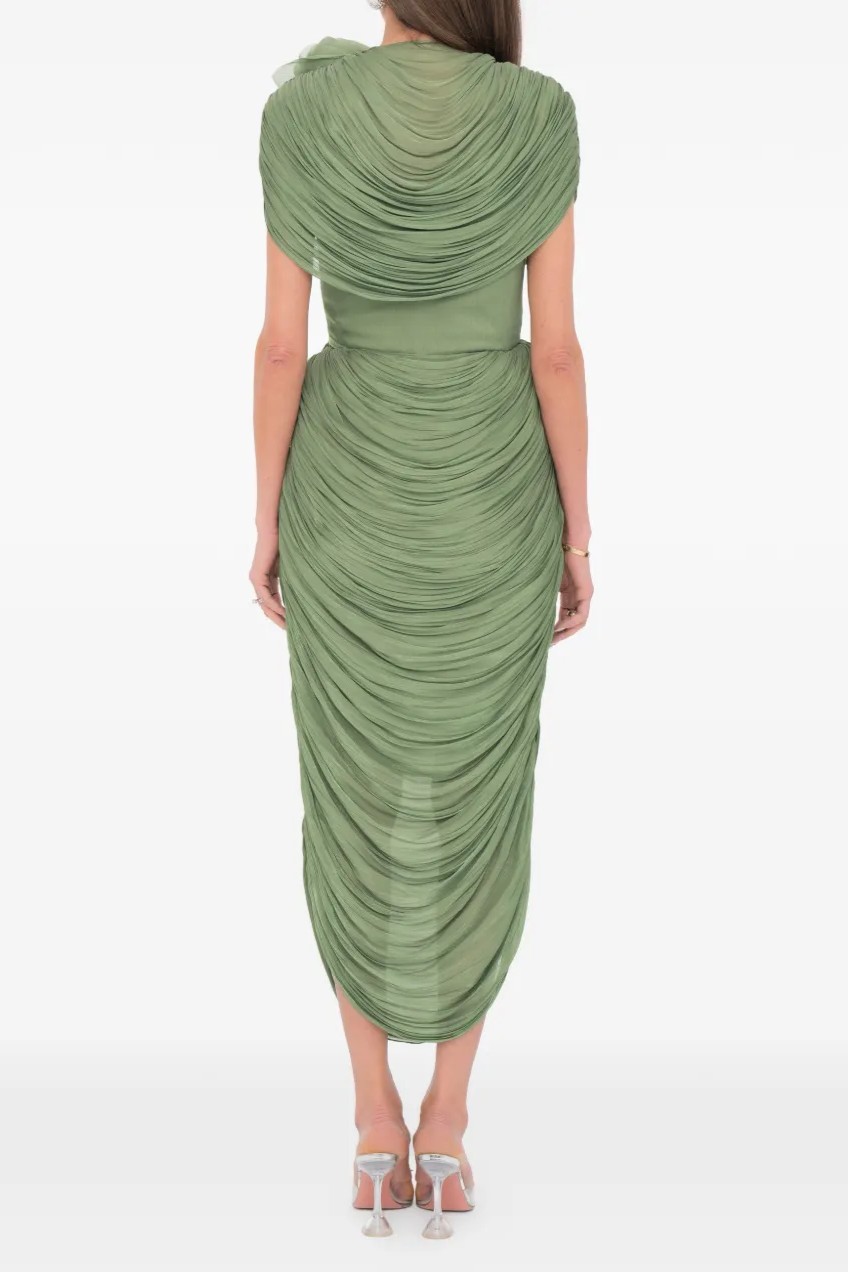 Satin Ruched Midi Dress With 3D Flower Cape