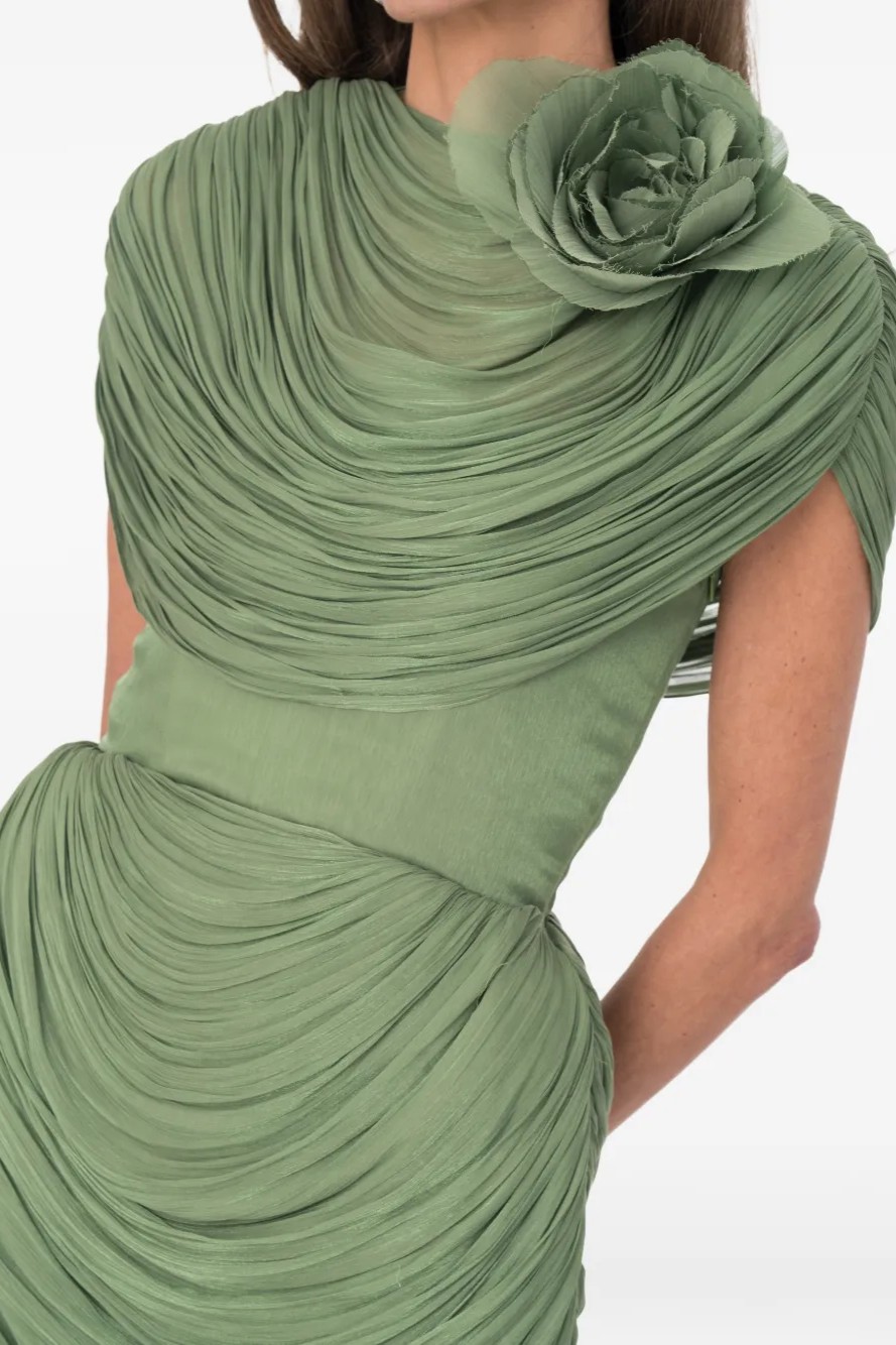 Satin Ruched Midi Dress With 3D Flower Cape