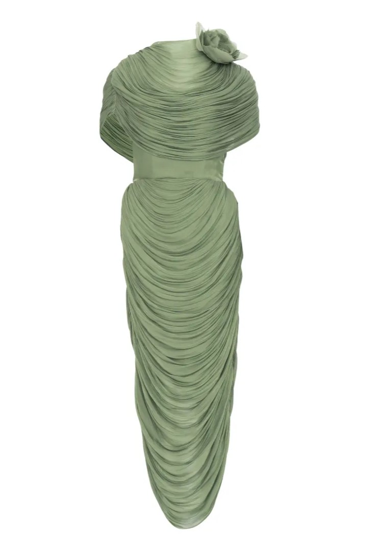 Satin Ruched Midi Dress With 3D Flower Cape