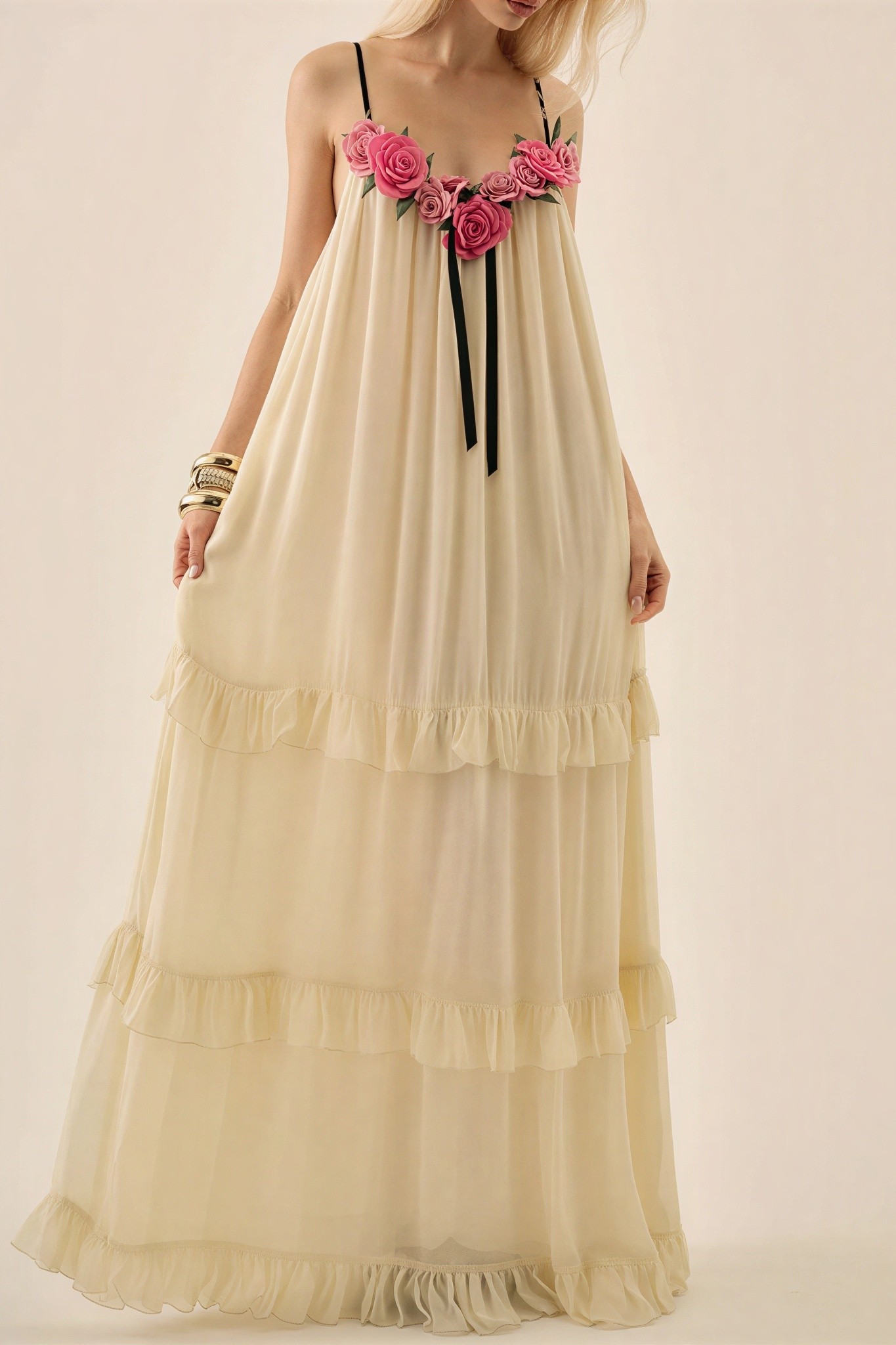 Chiffon 3D Flower Ruffle Maxi Dress