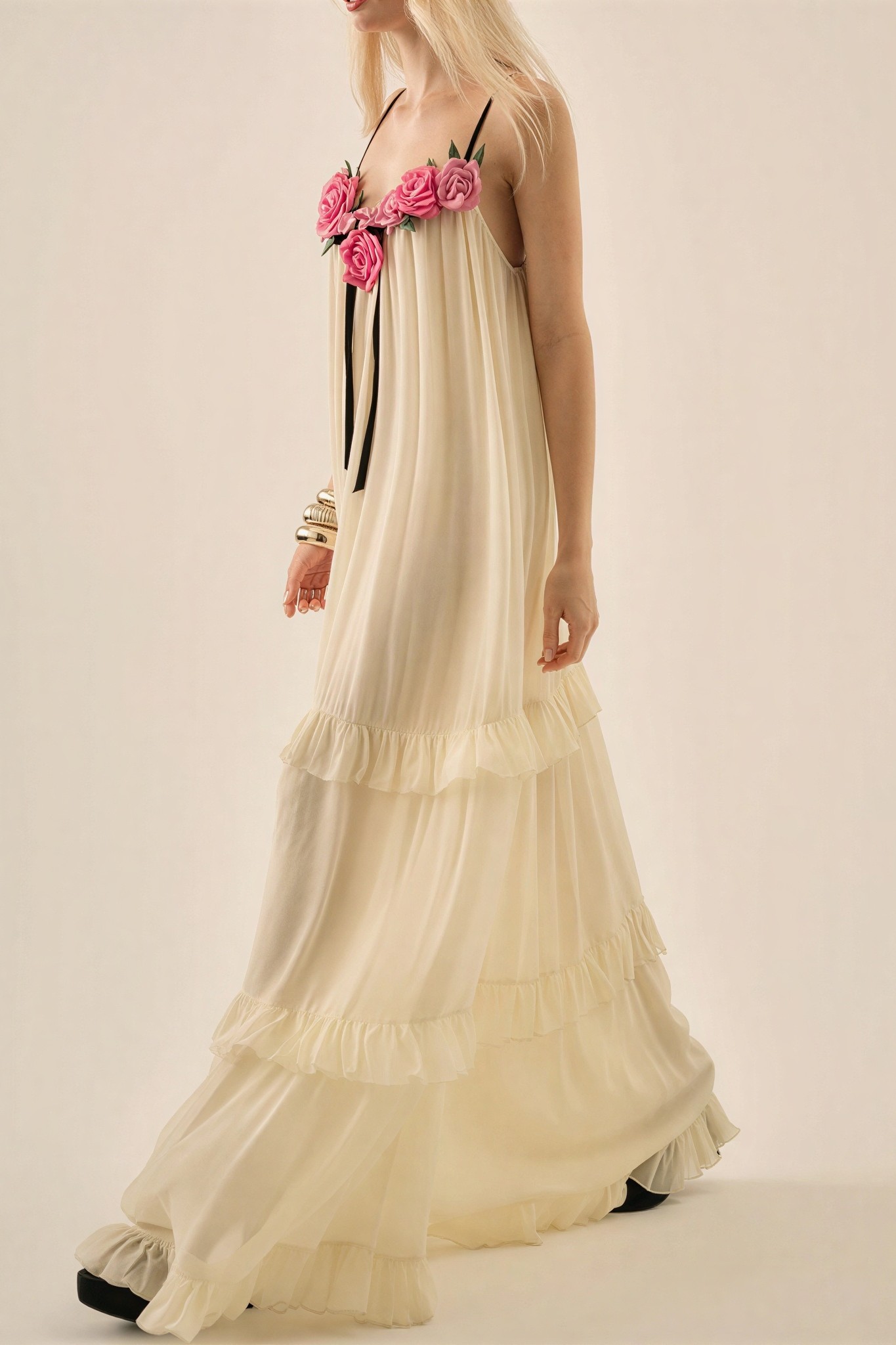 Chiffon 3D Flower Ruffle Maxi Dress