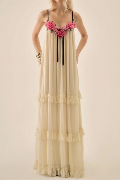 Chiffon 3D Flower Ruffle Maxi Dress