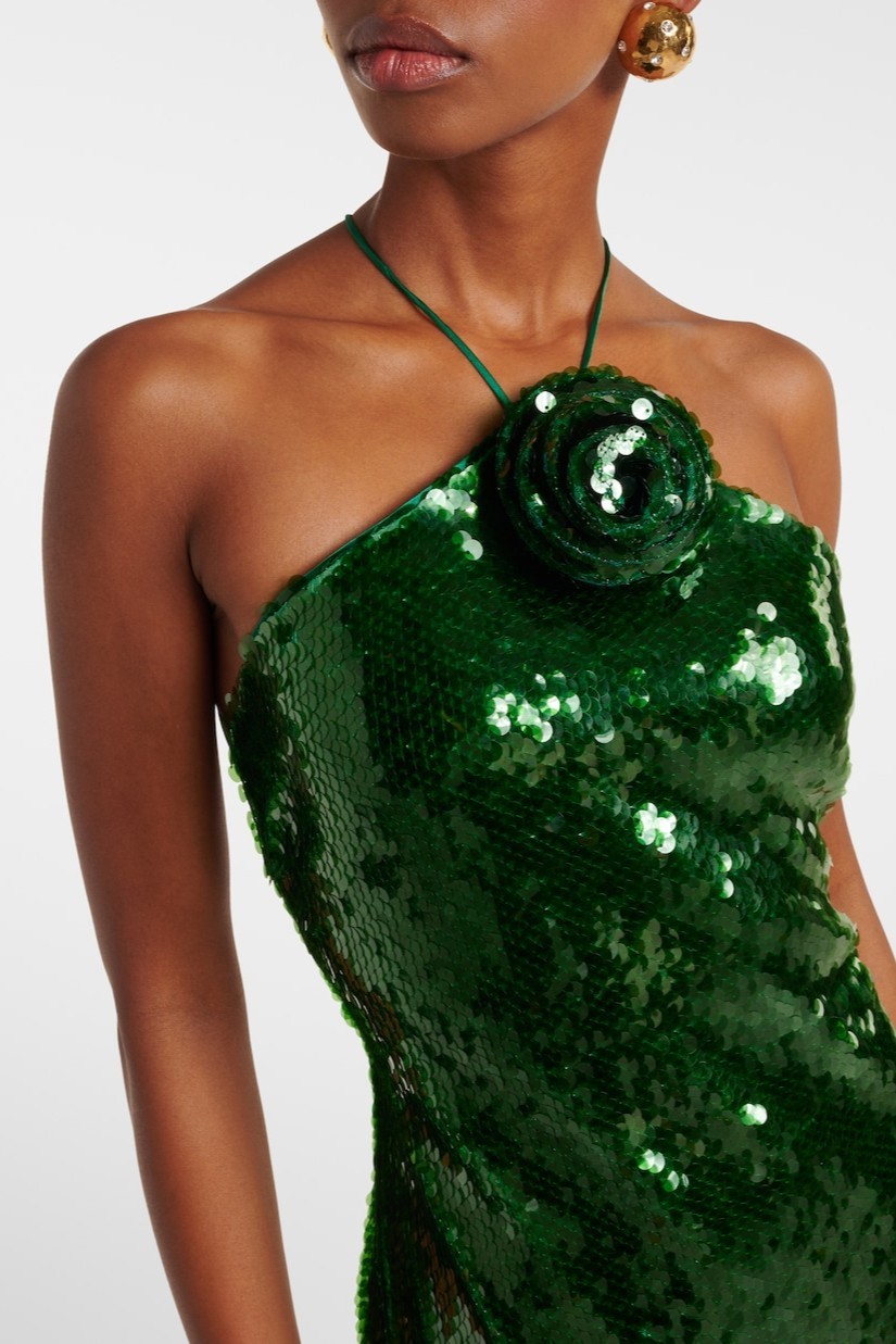 Sequin 3D Flower Tie-Up Maxi Dress