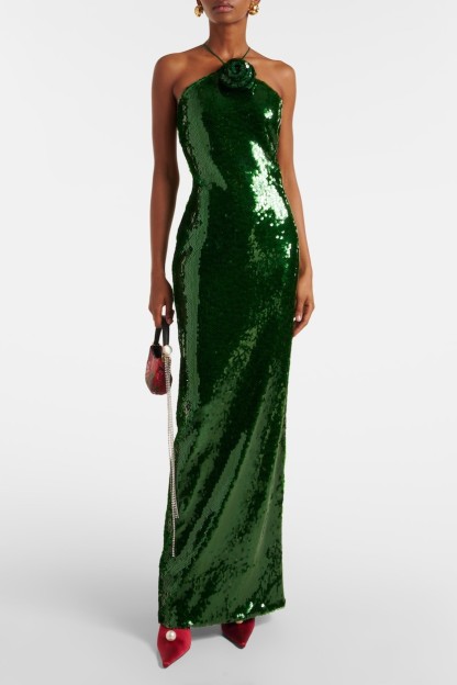 Sequin 3D Flower Tie-Up Maxi Dress