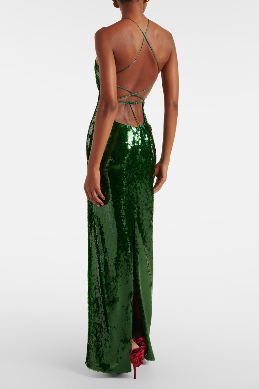 Sequin 3D Flower Tie-Up Maxi Dress