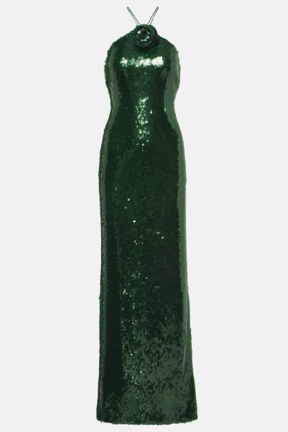 Sequin 3D Flower Tie-Up Maxi Dress