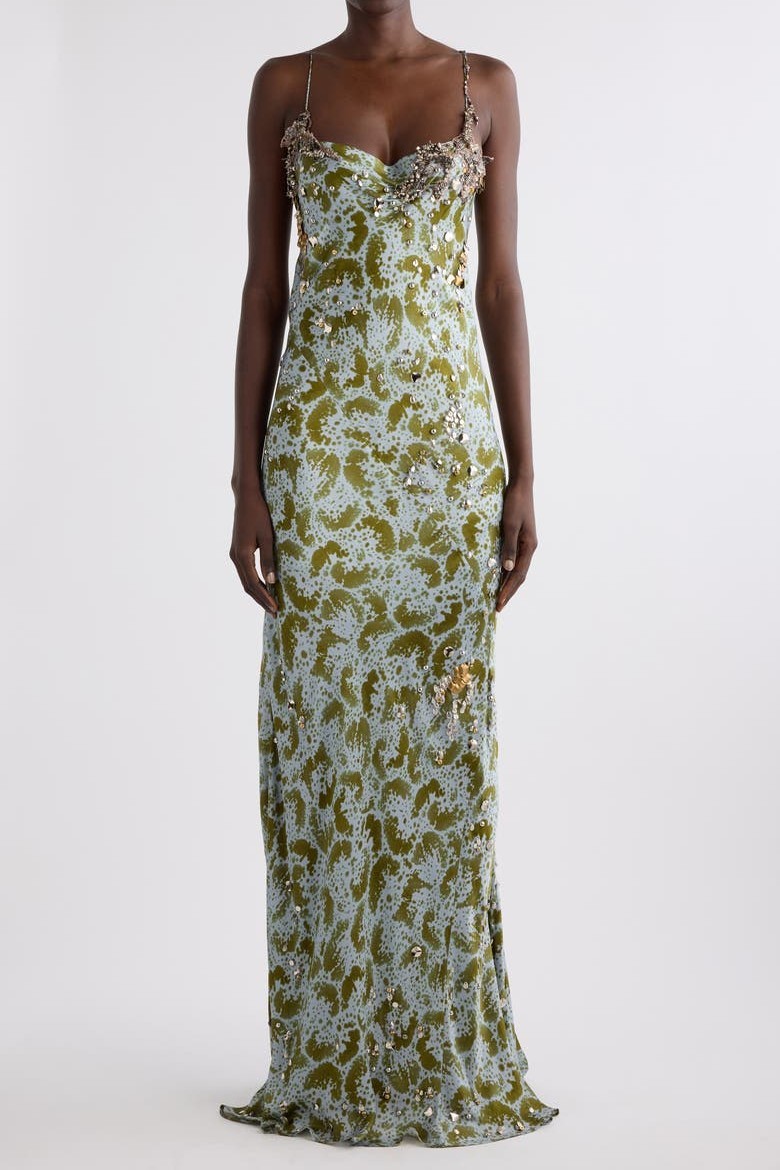 Abstract Print Rivet Slip Maxi Dress